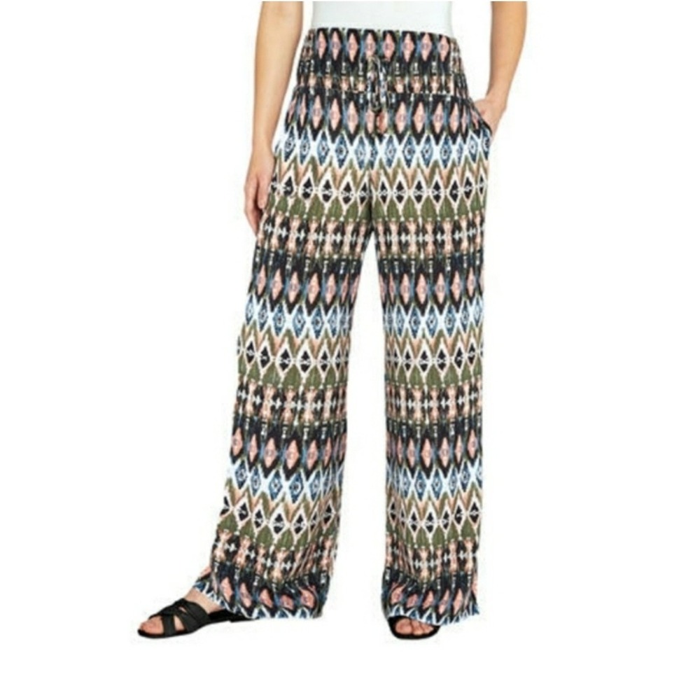 Peace & Pearls Womens Large Ikat Geometric Print Wide Leg Smocked Palazzo Pants‎